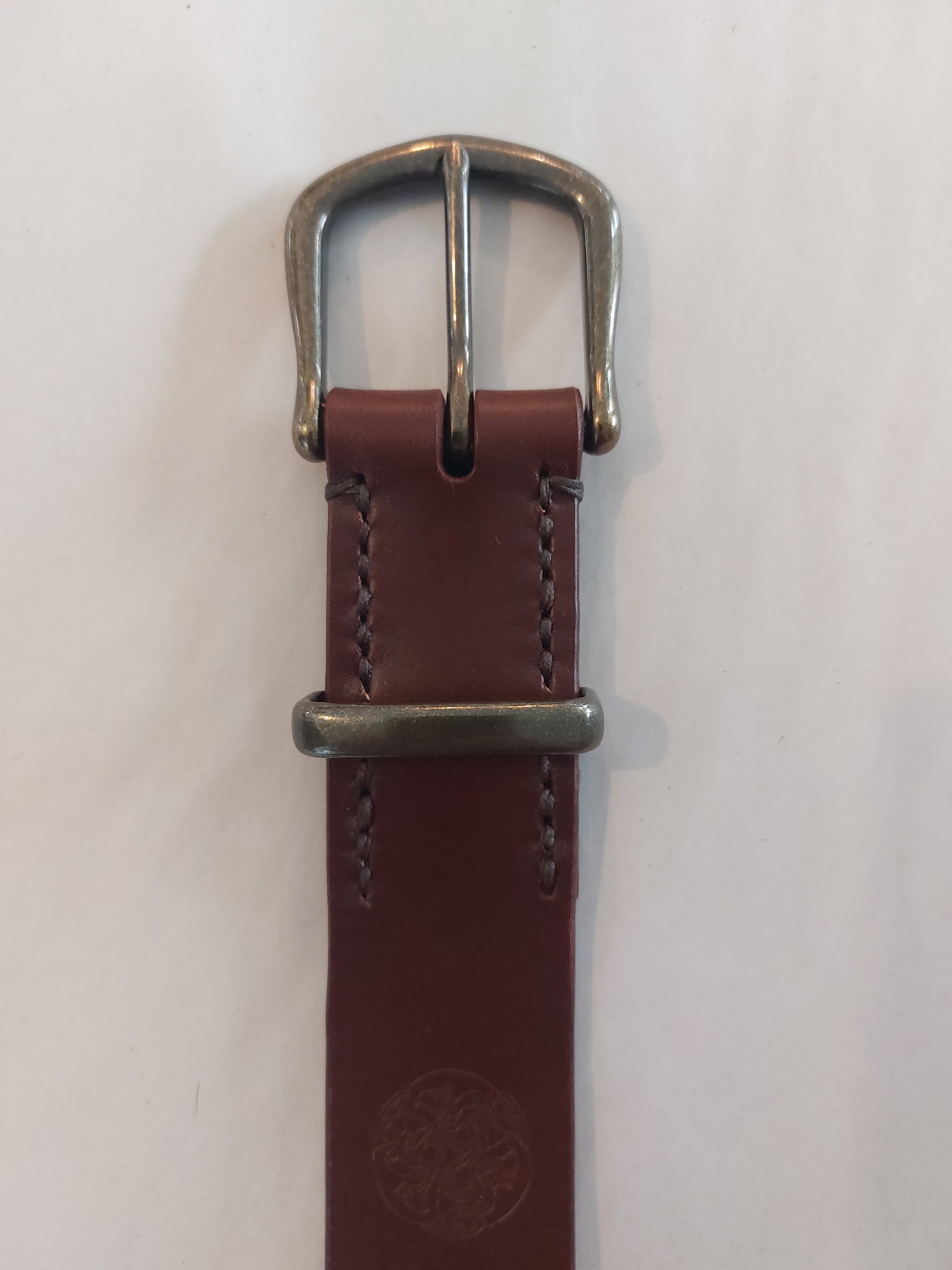 Cognac Full Grain Belt made with brown leather, complete with solid antique brass heel buckle and keeper.