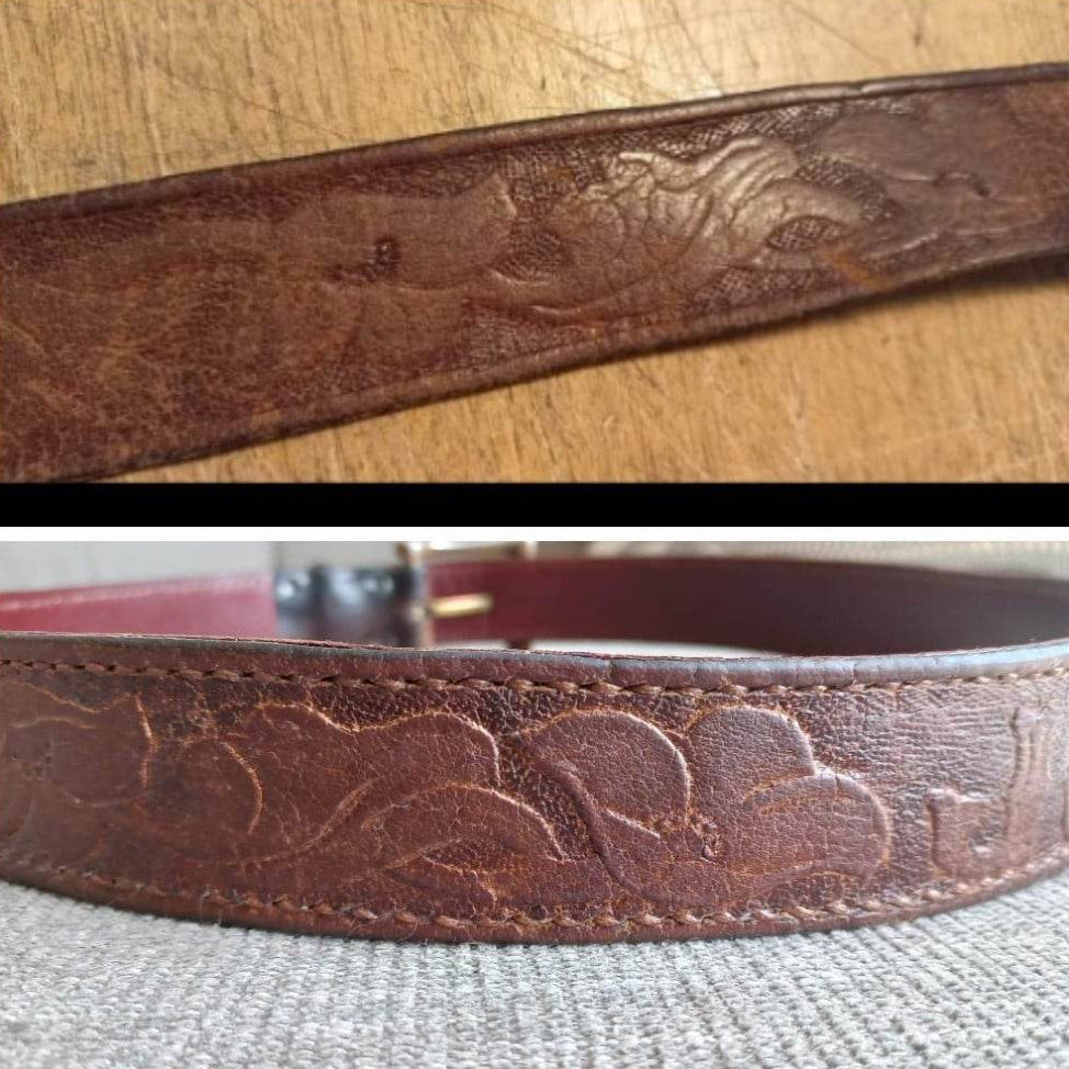 Side-by-side shots of a belt made with brown leather and etched with flowers, showcasing it's pre-restoration and post-restoration states.