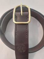 Brown Leather Belt - 46"/117cm handmade with brown leather, complete with the Albannach Crafts logo and a solid brass buckle.
