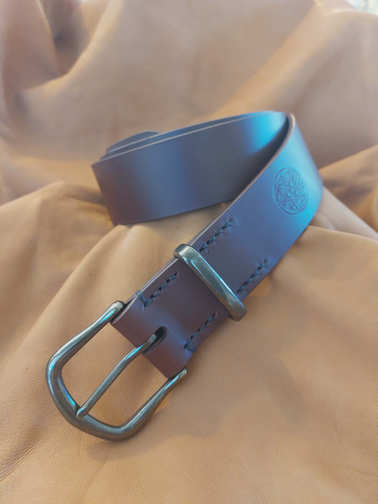 Cognac Full Grain Leather Belt - Antique Brass Heel Buckle