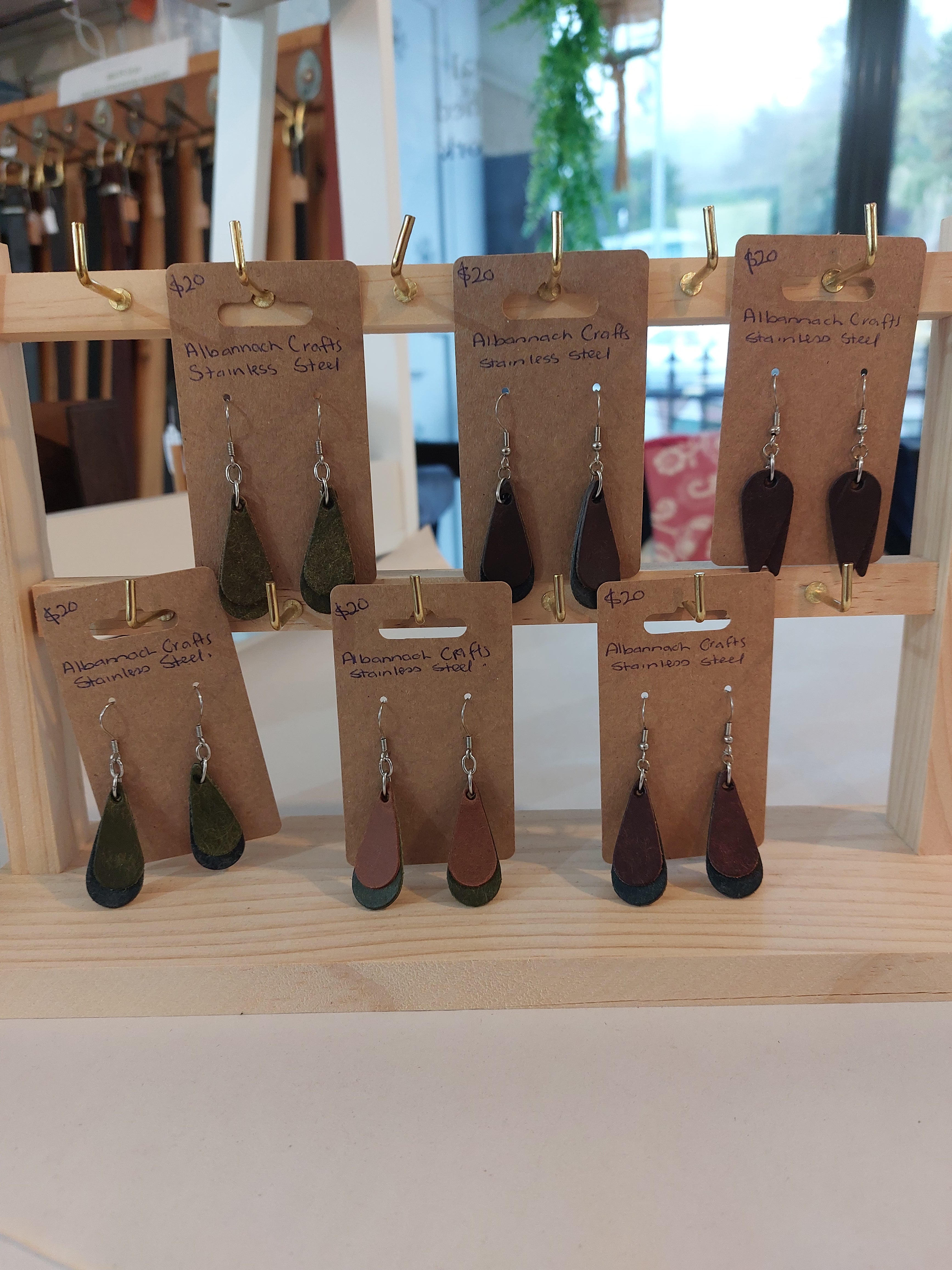 A collection of 6 Teardrop Earrings, made with a variety of different colours of scrap leather. Complete with stainless steel fittings.